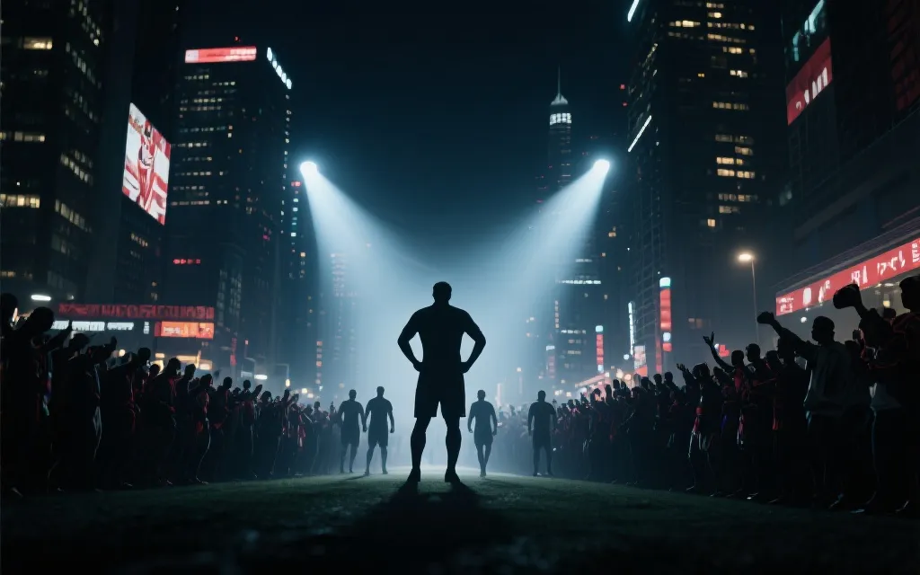 世界杯宣传片分镜氛围：城市夜景、球迷与运动员剪影的电影感叙事
