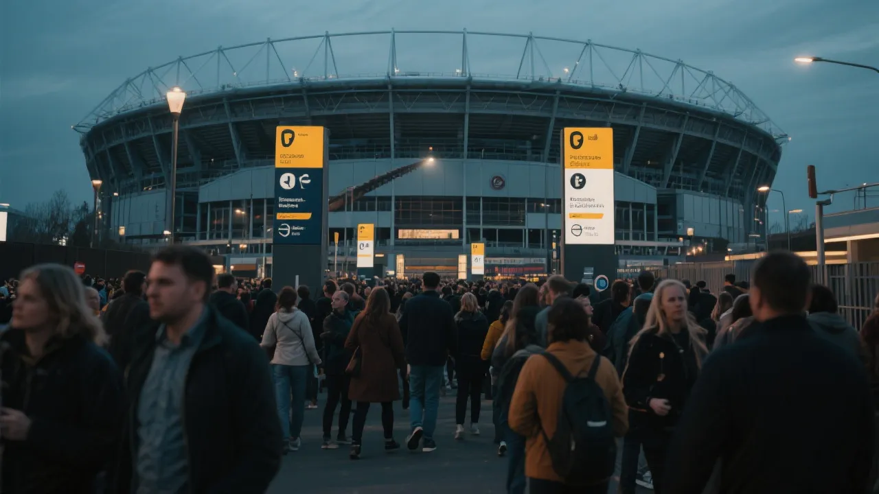 比赛日前往体育场的人群动线示意，现代城市交通与步行连通