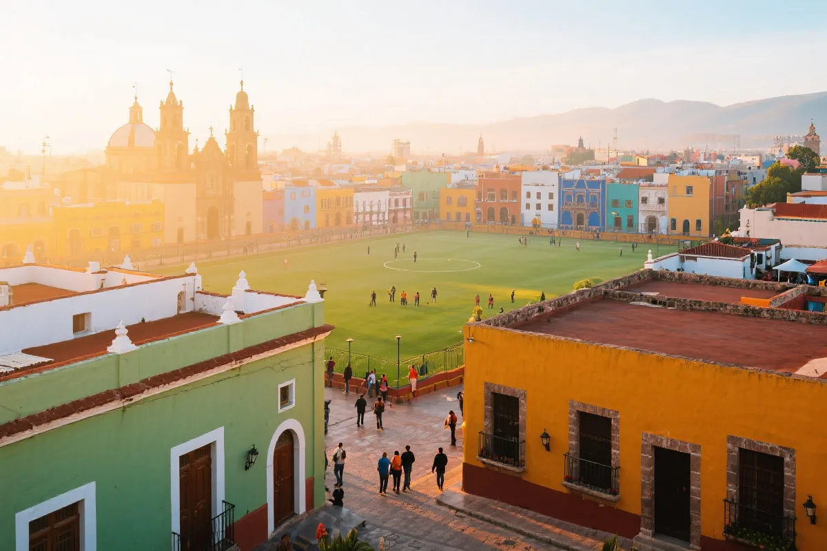 墨西哥城市街头的色彩建筑、球迷步行前往球场的旅行氛围