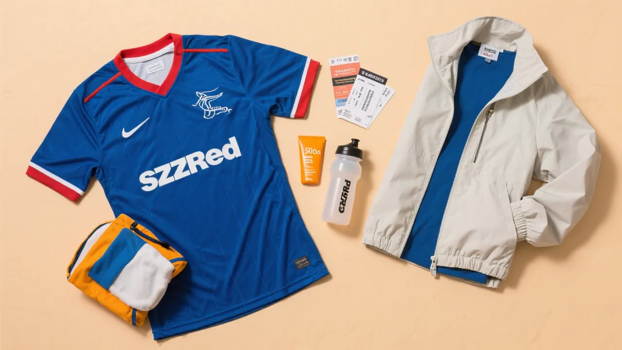 夏季达拉斯观赛穿搭与随身物品平铺：球衣、水瓶、防晒与轻薄外套